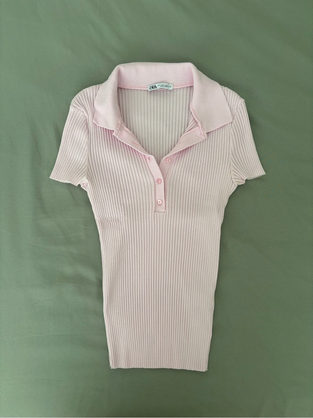 Zara Light Pink Ribbed Short-Sleeve Polo Top